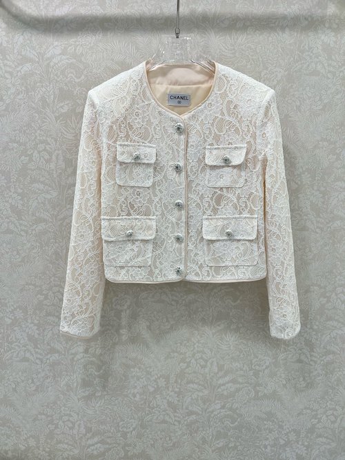 Chanel Lace Hollow-Out Long-Sleeve Jacket with Pearl Single-Row Buttons