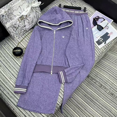 Dior Early Autumn Striped Hooded Jacket with Elastic-Waist Wide-Leg Pants Set