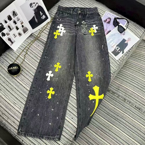 Chrome Hearts Studded Cross Embroidered Denim Wide Leg Pants
