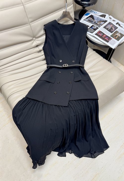 Dior Double - Breasted V - Neck Suit Dress with CD Belt