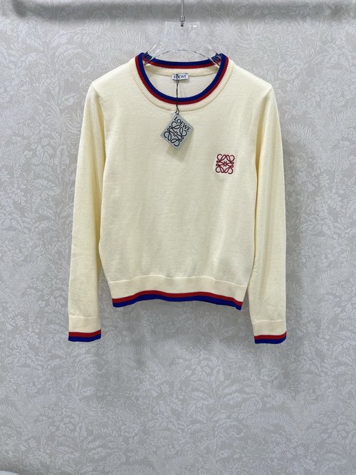 Loewe Round Neck Knit Sweater with Logo Embroidery and Color Blocking