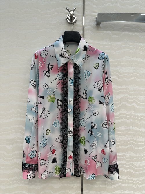 Chanel Coco Girl Prefall Series Silk Shirt with Lace Trim