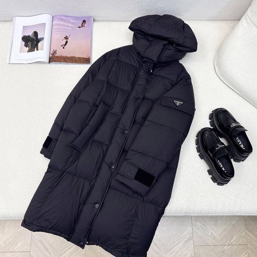 Prada Exclusive Long Hooded Down Jacket with Triangle Logo