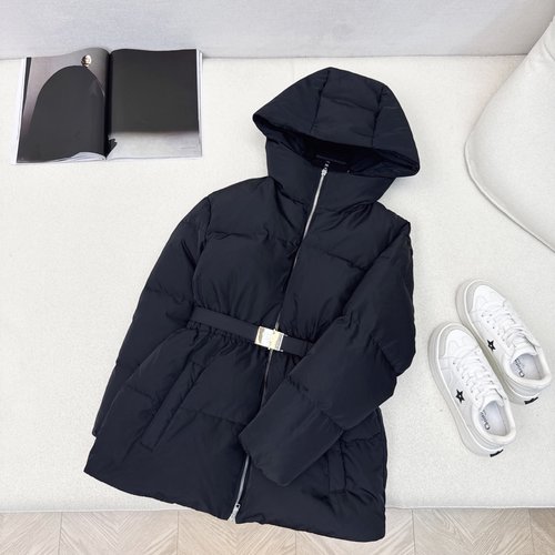 Prada Chic Slim-Fit Waist-Sealed Down Jacket with Logo Belt