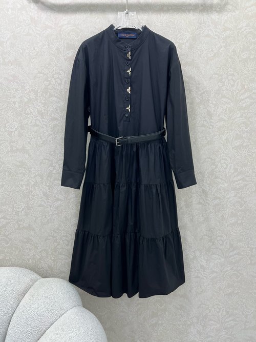 Louis Vuitton Solid Color Cotton Dress with Metal Hardware and Belt