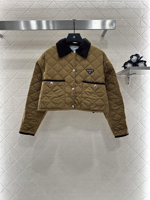 Prada Custom Nylon Down-Filled Short Jacket with Corduroy Collar