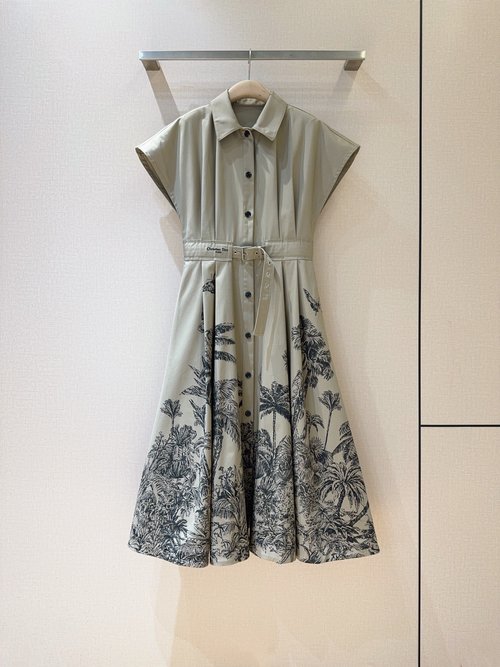 Dior Retro French Printed Cotton Dress with Waist-Defining Belt