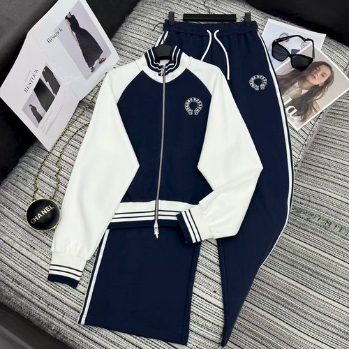 Chrome Hearts Color-Blocked Collared Zip Sweatshirt and Straight-Leg Pants Set