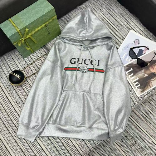 Gucci Exclusive Silver - Printed Hooded Sweatshirt in High - Grade Cotton with Brand Logo
