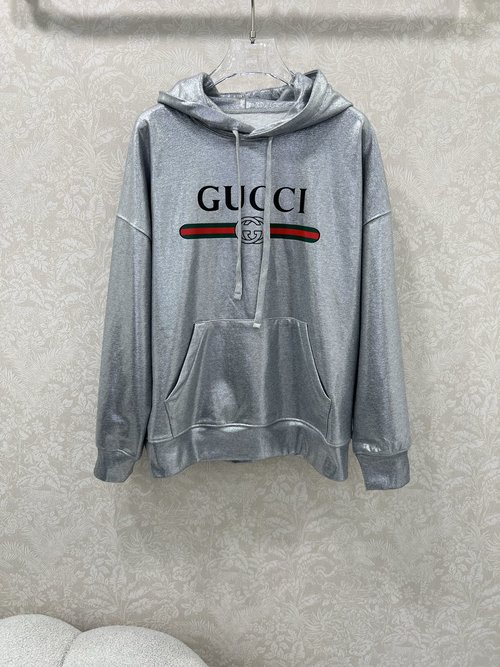 Gucci Custom All - Cotton Silver Hooded Printed Sweatshirt for a Fashionable Appeal