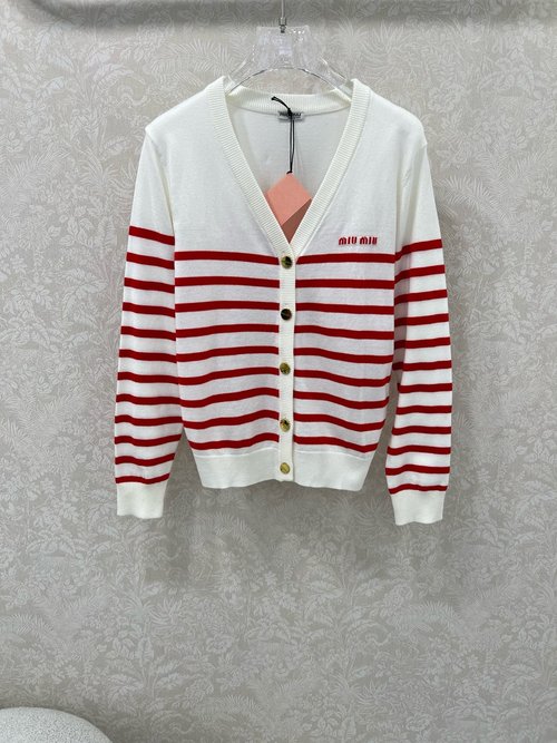 Miu Miu Elegant V-Neck Knit Cardigan with Logo Embroidery and Stripe Contrast