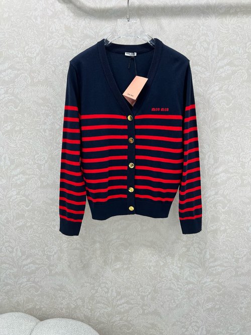 Miu Miu Elegant V-Neck Knit Cardigan with Logo Embroidery and Stripe Contrast
