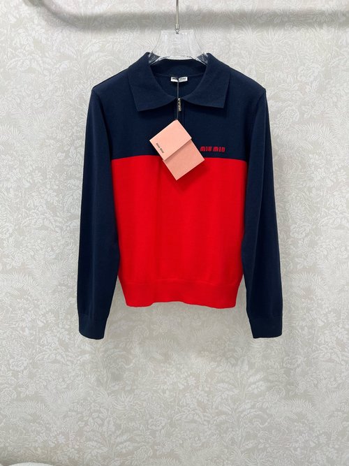 Miu Miu Chic Collared Knit Pullover with Logo Embroidery and Customized Hardware