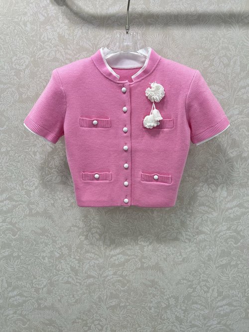 Self-Portrai Pink Short-Sleeved Wool Blend Knit Top with Custom Knit Brooch
