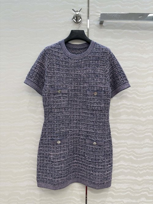 Chanel Round Neck Knit Dress with Custom Gradient Yarn and Coin Buttons for a Classic Appeal