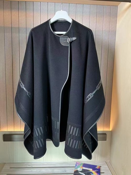 Hermes Exclusive High-end Sheepskin Embroidery Leather Button Double-sided Cashmere Coat