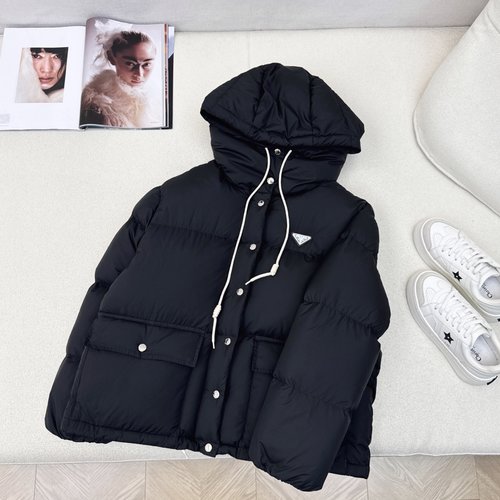 Prada Hooded Short Puffer Jacket with Triangle Logo, Filled with 90% White Goose Down