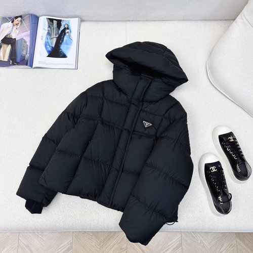 Prada Short Hooded Down Jacket Filled with 90% White Goose Down