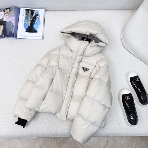 Prada Short Hooded Down Jacket Filled with 90% White Goose Down