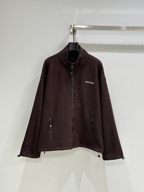 Miu Miu Warm Fleece Zip-up Jacket with Adjustable Cuff Details