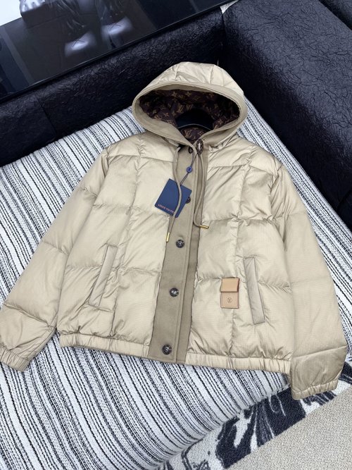 Louis Vuitton Minimalist Fur-Trimmed Down Jacket with Monogram Lining
