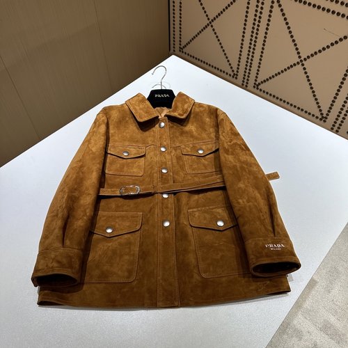 Prada Top-Quality Leather Suede Coat with Custom Accessories