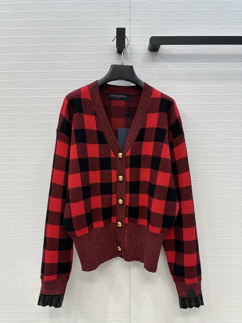 Louis Vuitton Red - Black Checked Knit Cardigan with Metal - wire Sleeves for an Elegant Appearance