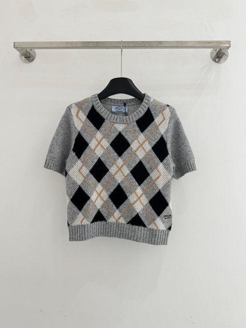 Prada Retro Prism Checked Round - Neck Short - Sleeve Knit Sweater