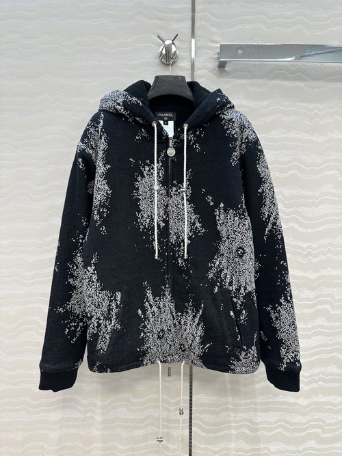 Chanel Custom Jacquard Cotton Puffer Coat with Double Zippers and Pendant Decoration