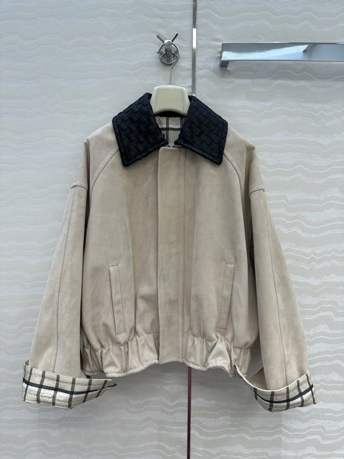 Bottega Veneta Elegant Suede Jacket with Contrast Collar and Checkered Lining