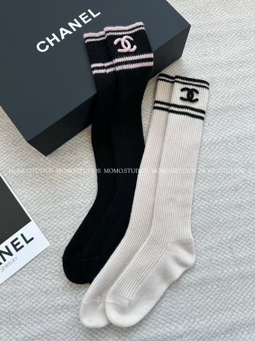 Chanel Classic Black and White Long Socks, Wool and Cashmere Blend