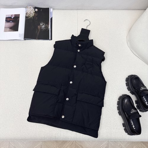 Prada Stand - Collar Workstyle Down Vest with 90% Duck Down and Logo Decoration