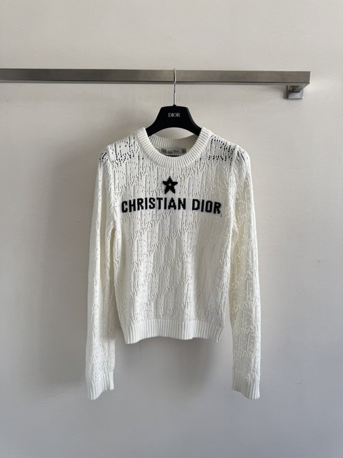 Dior Star - Embellished Hollow Knit Long Sleeve Top