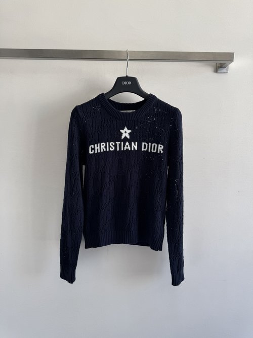 Dior Hollow Knit Long Sleeve Sweater with Star Accents