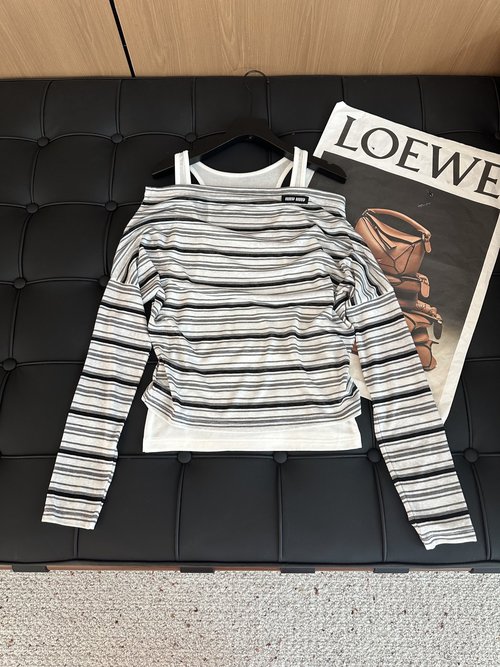 Miu Miu Designer s Original Tencel Wool Two-piece Striped Top, Cloud-like Comfort