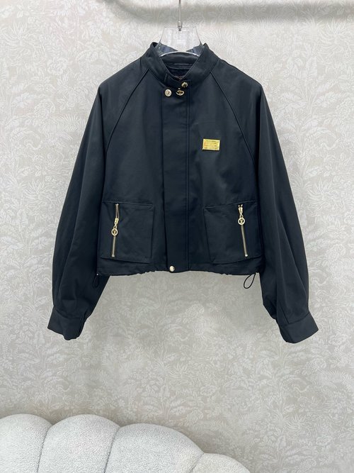 Louis Vuitton Elegant Collared Jacket with Gold Logo and Floral Lining