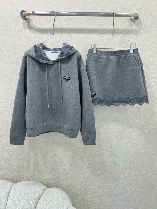 Prada Chic Sweatshirt and Skirt Set with Lace Trim and Triangle Logo, Slimming Style