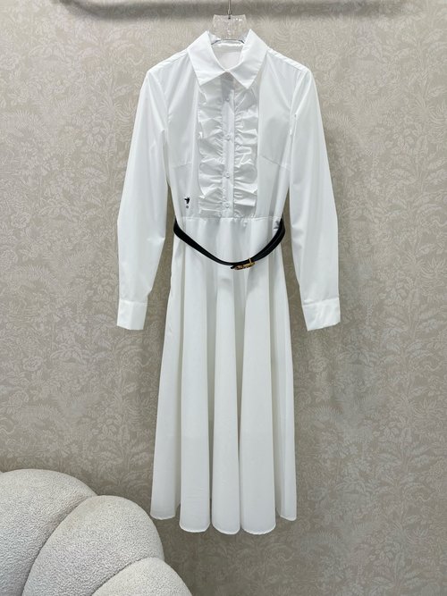 Dior Chic Buttoned Dress with Bee Embroidery, Comfortable Fit
