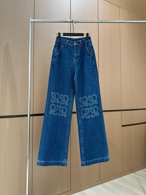 Loewe Jeans with Laser - Embroidered Logo, Original Design for Daily Wear