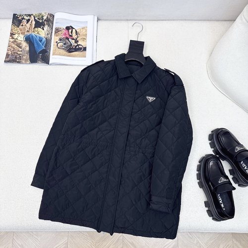 Prada Prerogative Checkered Cotton Jacket with Drawstring Waist and Metal Logo