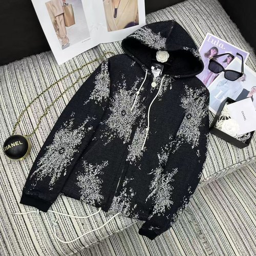 Chanel Customized Jacquard Hooded Zipper Jacket with Ink Splash Artistry