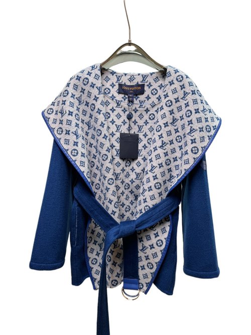 Louis Vuitton Short Blue Floral Wool-Silk Blend Garment with Dust Bag