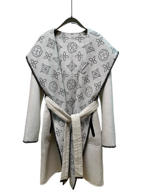 Louis Vuitton Long Wool-Silk Blend Coat with White Hollow Flowers