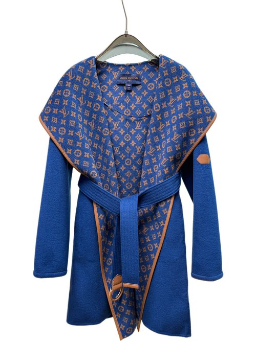 Louis Vuitton Long Wool-Silk Blend Coat with Peacock Blue Small Flowers