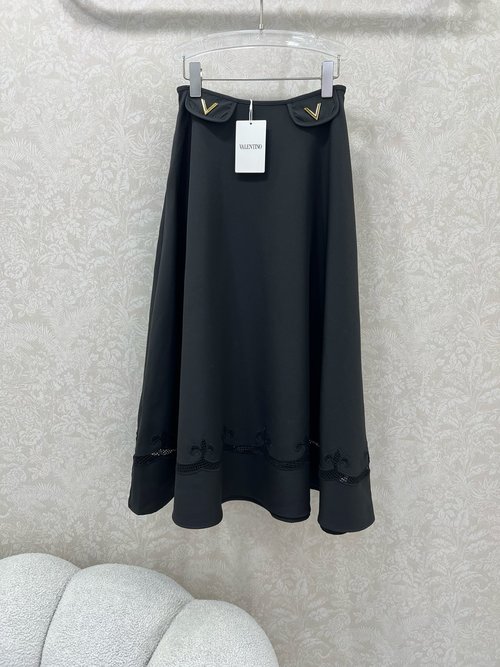 Valentino Hepburn-Style Flap Pocket Skirt with Burned-Out Hem and Gold V Logo