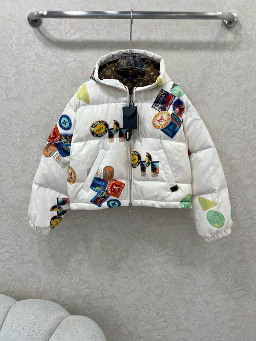 Louis Vuitton Customized Lightweight Down Jacket with Colorful Badges and Slant Pockets