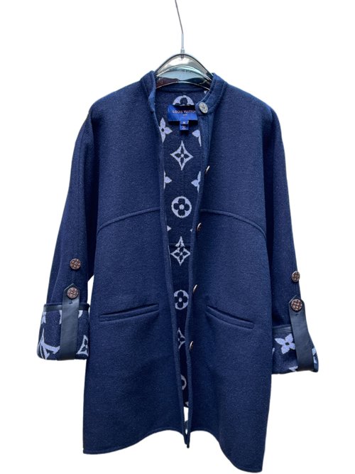 Louis Vuitton Blue Medium-Flower Soft-Button Coat of 99% Wool and 1% Silk with Dust Bag