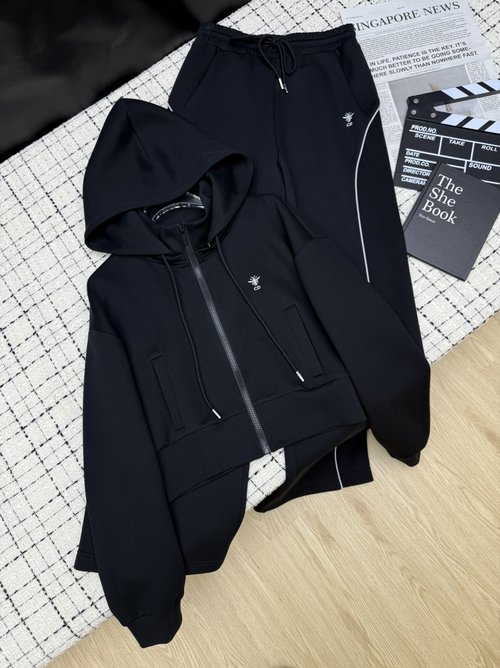 Dior Chic Hooded Jacket with Color Block Trim Elastic Pants