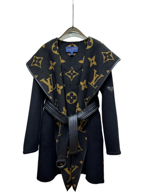 Louis Vuitton Long Black Large Flower Wool-Silk Blend Garment with Standard Dust Bag and Size Chart