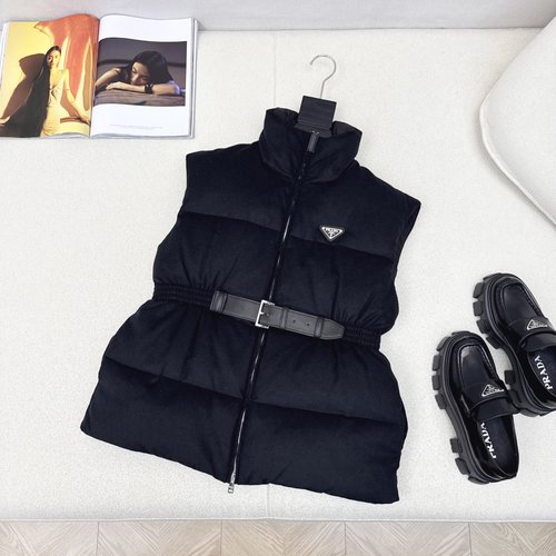 Prada Stand-up Collar Belted Woolen Down Vest with Logo